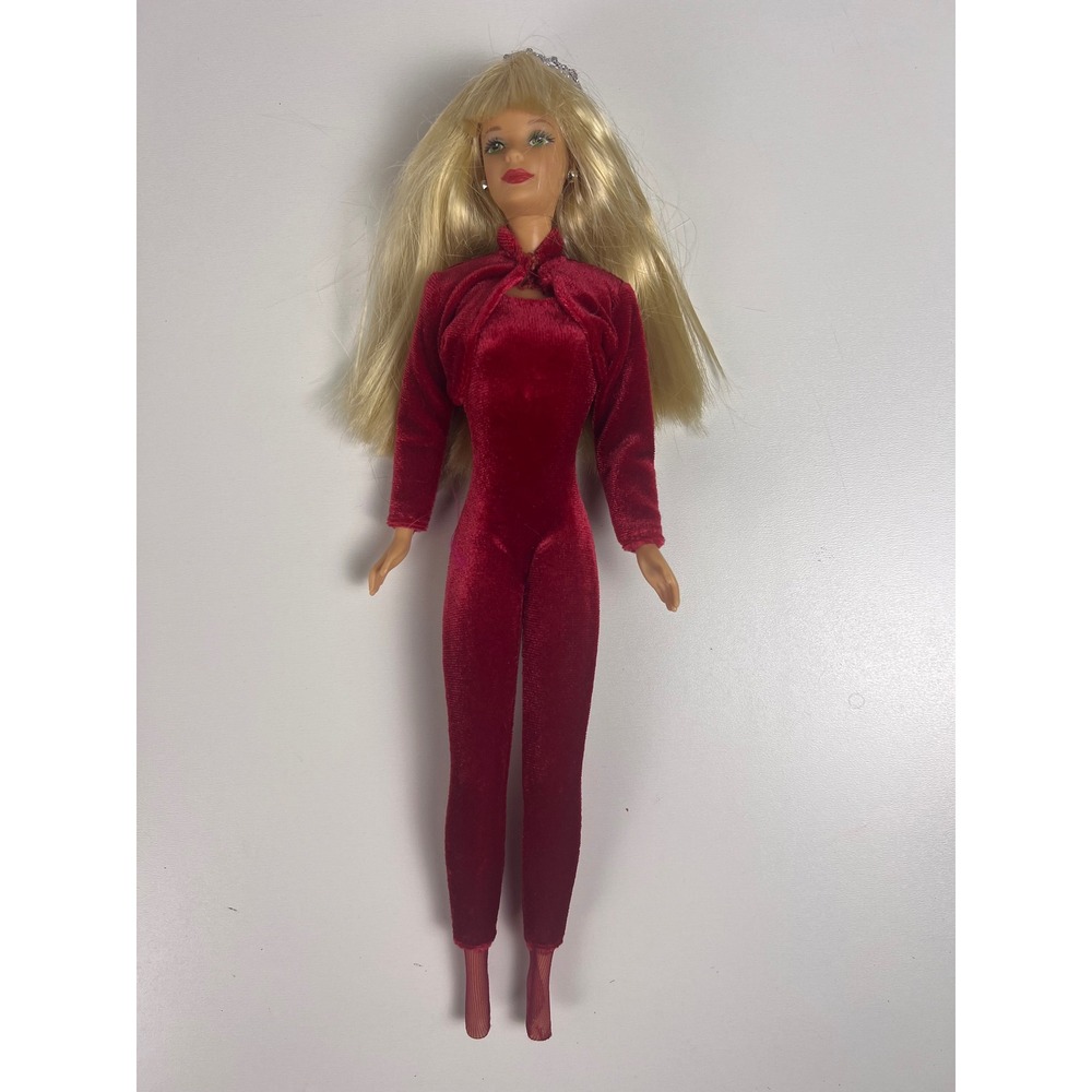 1990s Barbie Doll Red Velvet Jumpsuit Sparkle Tiara Earrings Collectors Item